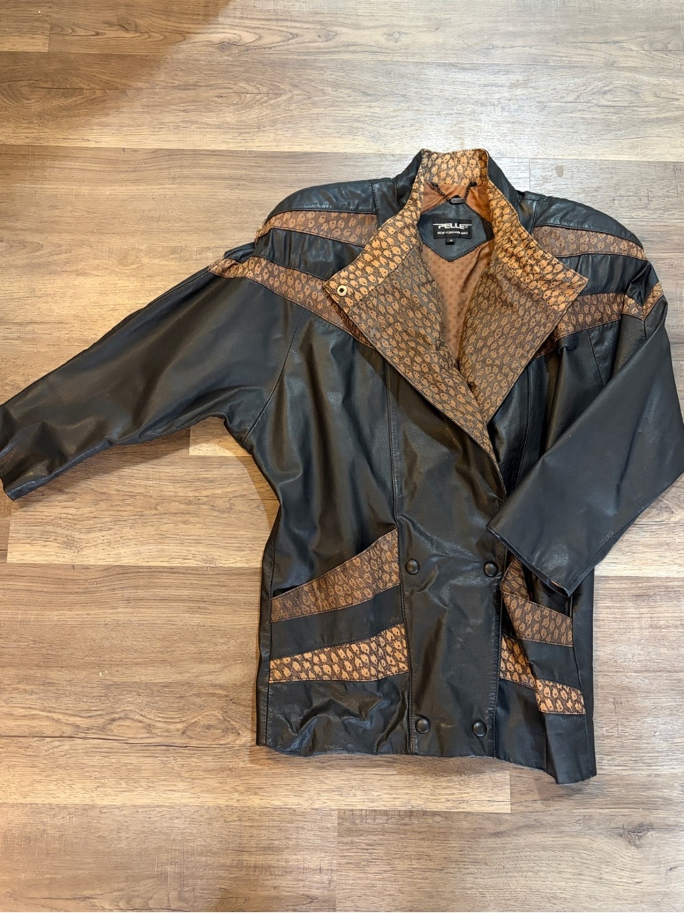 Vintage Pelle Pelle Milano NY Black Leather Jacket with Brown Accents 80s 90s